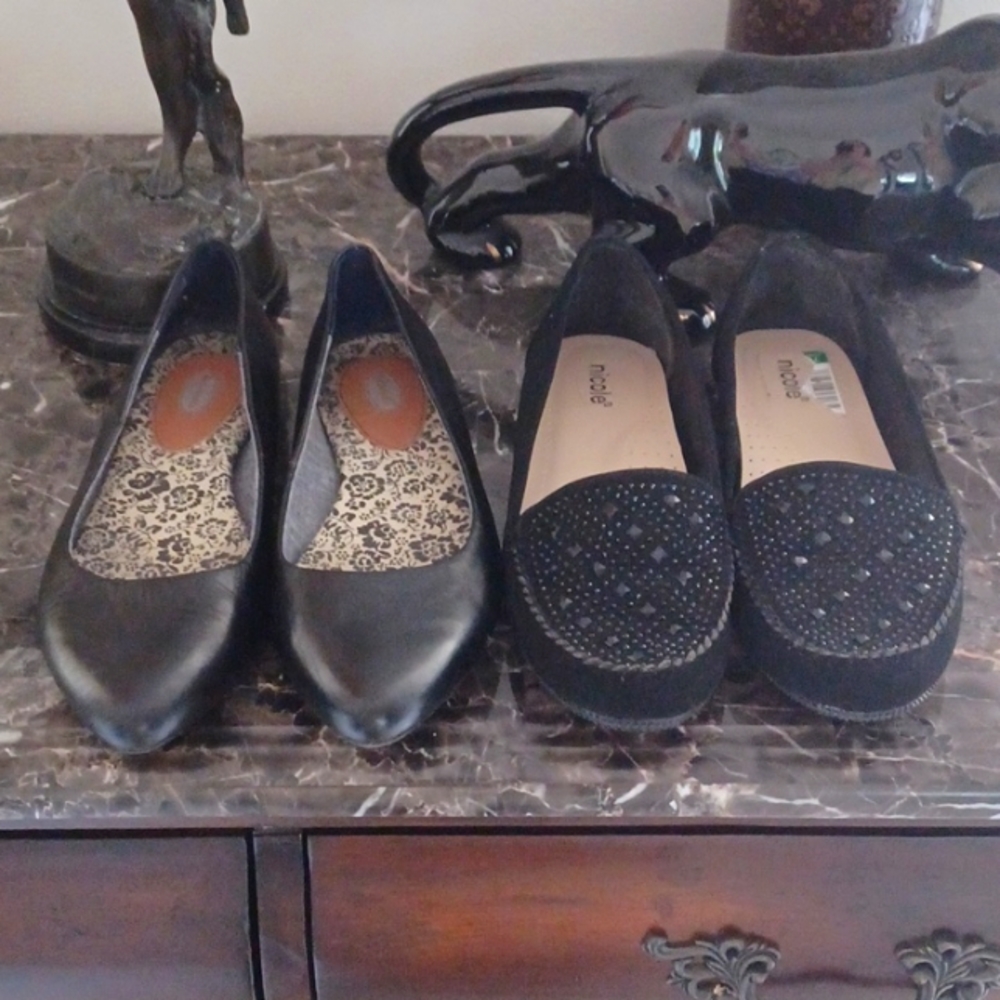 2 pairs of black flats & black loafers